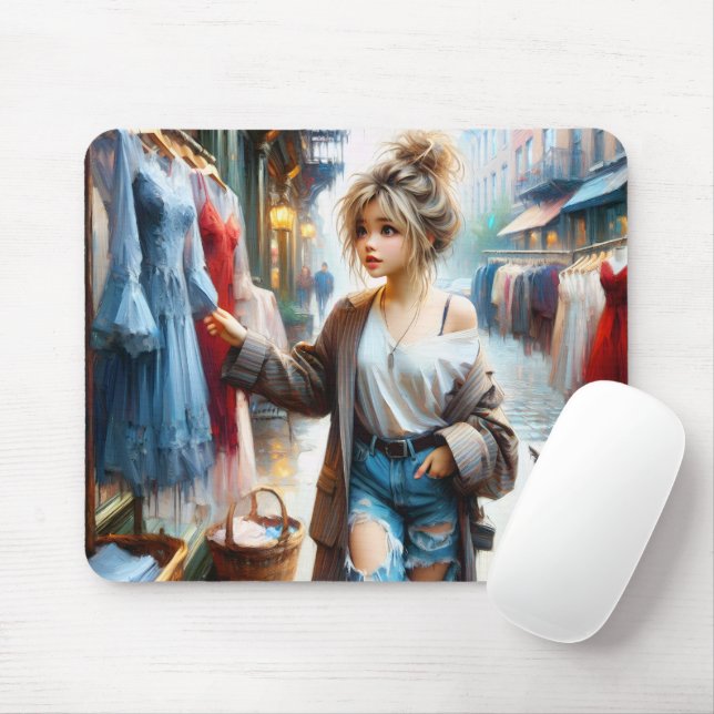 Young Woman Shopping In The Big City Mouse Mat (With Mouse)