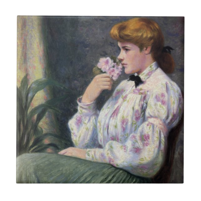 Young Woman Smelling Flower Fragrance (Reverie) Tile (Front)