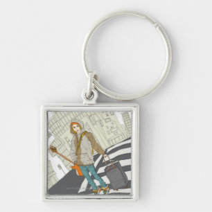 Young woman standing on street with luggage key ring