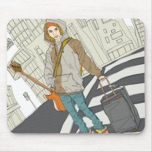 Young woman standing on street with luggage mouse mat