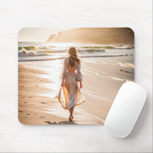 Young Woman Walking the Beach Mouse Mat