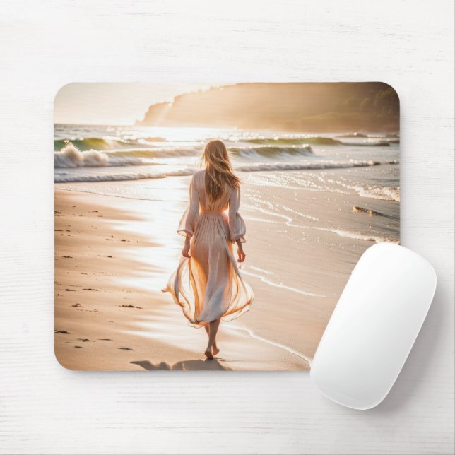 Young Woman Walking the Beach Mouse Mat (With Mouse)