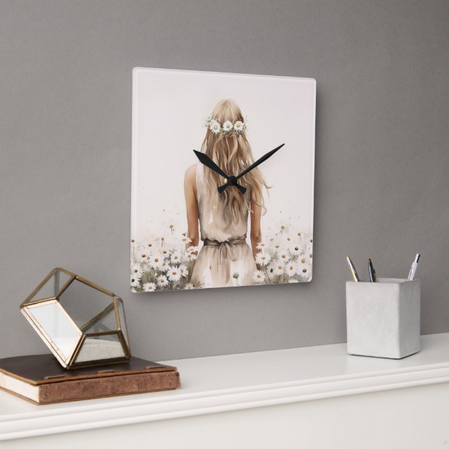 Young Woman Watercolor In Daisy Field Square Wall Clock (Office)
