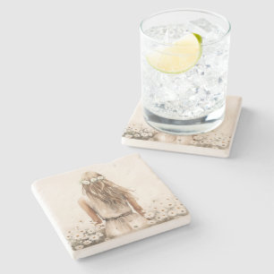 Young Woman Watercolor In Daisy Field Stone Coaster