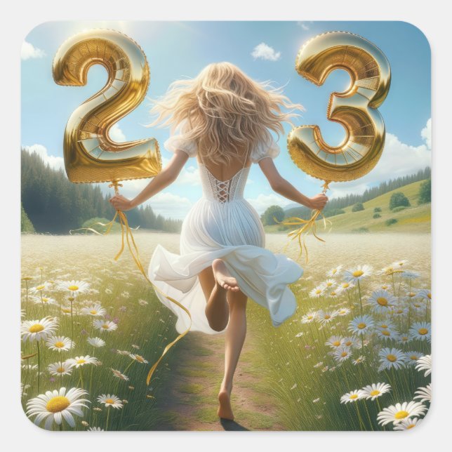 Young Woman With Balloons for 23rd Birthday Square Sticker (Front)