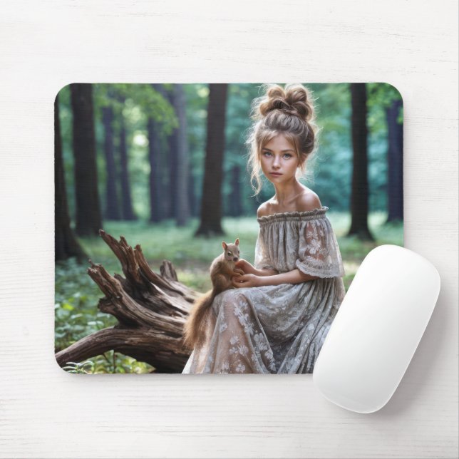 Young Woman With Forest Squirrel Mouse Mat (With Mouse)