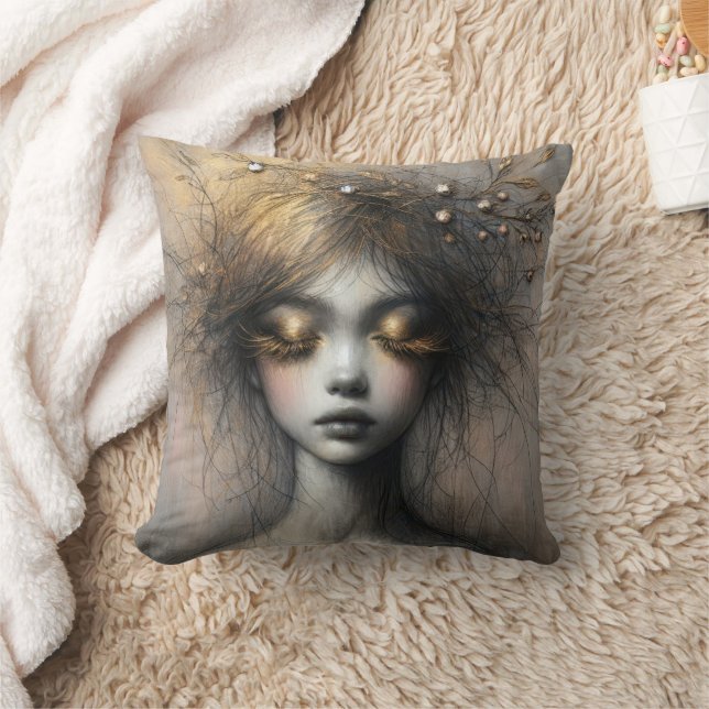 Young Woman With Gold Eyelashes Cushion (Blanket)