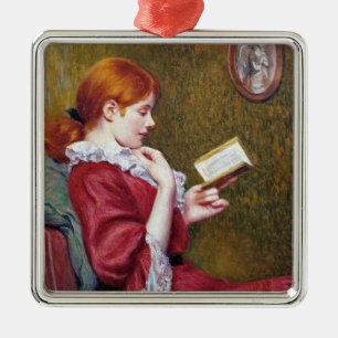 Young Woman With Red Hair Reading a Good Book Metal Tree Decoration