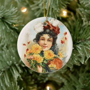 Young Woman with Yellow Chrysanthemums  Ceramic Tree Decoration