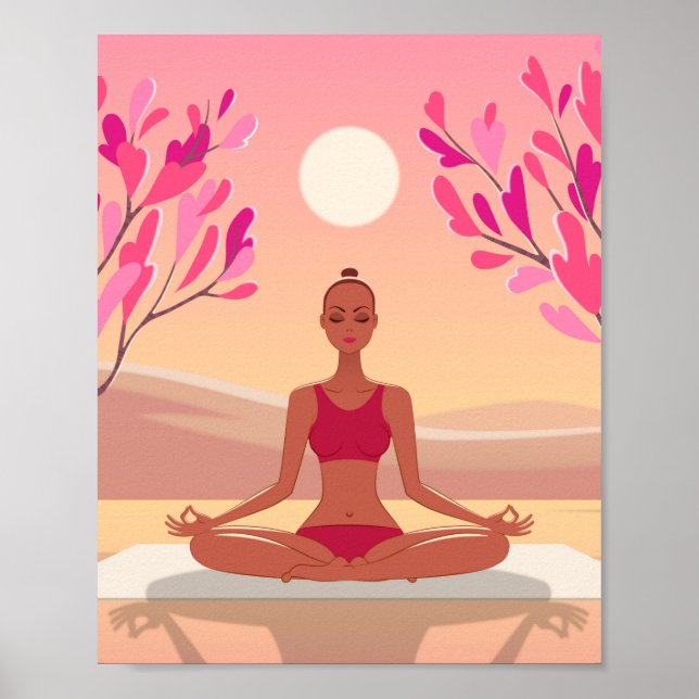 Young Woman Yoga Meditation Padmasana Pink Golden Poster (Front)