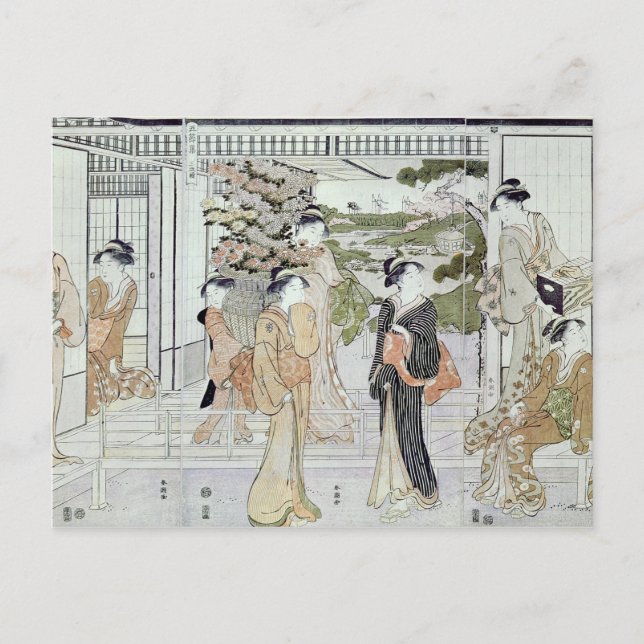 Young women with a basket of chrysanthemums postcard (Front)