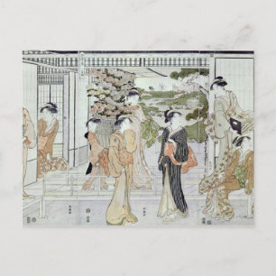 Young women with a basket of chrysanthemums postcard