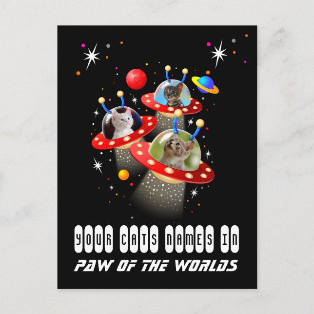 Your 3 Cats in an Alien Spaceship UFO Sci Fi Scene Postcard (Front)