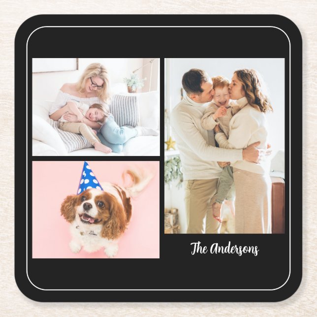 Your 3 Family Photos & Name on Black, White Border Square Paper Coaster (Front)