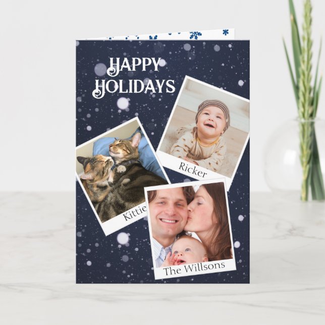 Your 3 Instant Photos Personalise Signature Snow Holiday Card (Front)