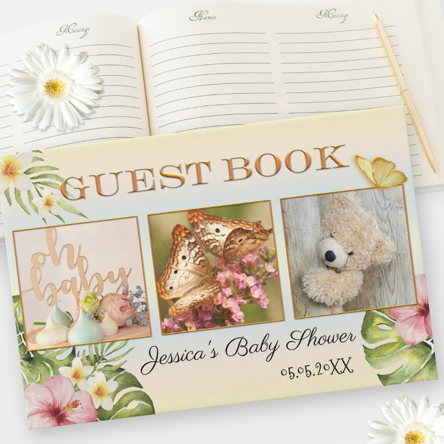 Your 3 Photos Cute Floral Baby Shower Guest Book (Creator Uploaded)