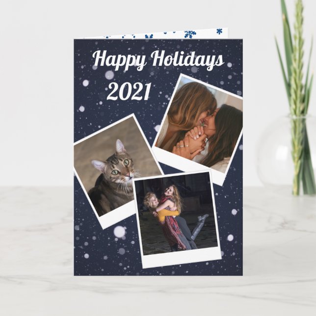 Your 3 photos in Retro Style Blue Snowflakes Holiday Card (Front)