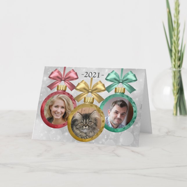 Your 3 Photos Ornament Folded Holiday Card (RGG) (Front)