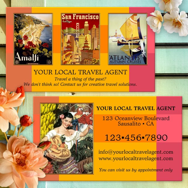 Your 4 Photos Bold Coloured Portfolio Travel Business Card (Travel agent business card featuring your custom photos framed by a bold colored design)