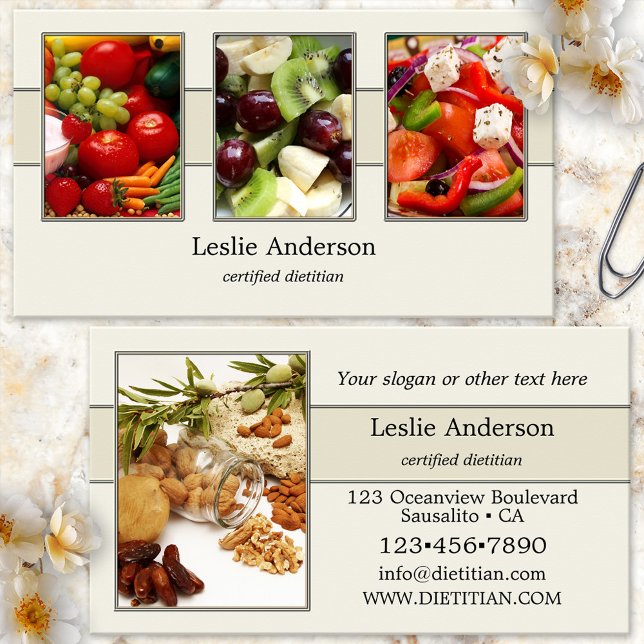 Your 4 Photos Dietician or Nutrionist Elegant Business Card (Health coach or dietitian/nutritionist business card showing your photos on an elegant cream design)