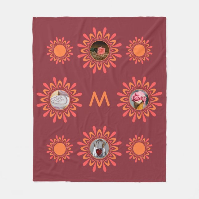 YOUR 4 PHOTOS & MONOGRAM Sun / Flower custom throw Fleece Blanket (Front)