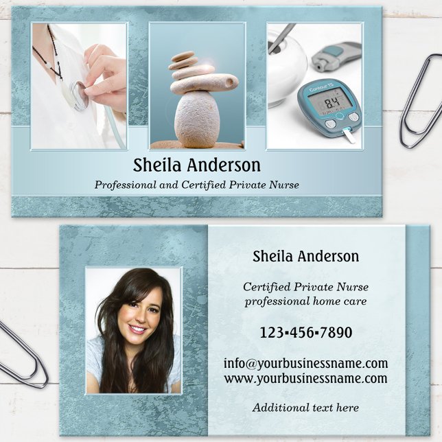 Your 4 Photos Private Nurse Health Business Card (Business card featuring your photos framed by an elegant blue design - medical professional - nurse)