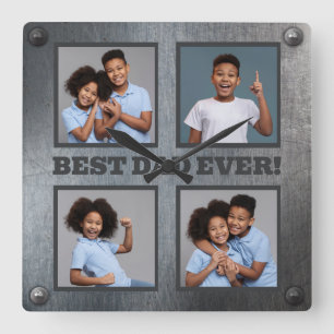 YOUR 4 Photos & Text BEST DAD EVER faux metal Square Wall Clock