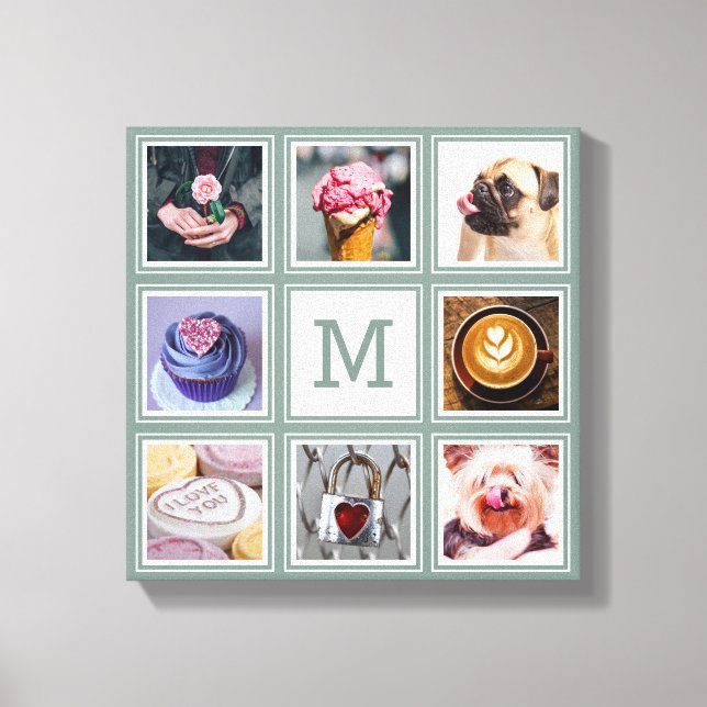 YOUR 8 PHOTOS, MONOGRAM & custom colour Canvas Print (Front)