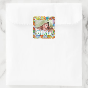 Your Baby Photo Colourful Floral Pattern Square Sticker