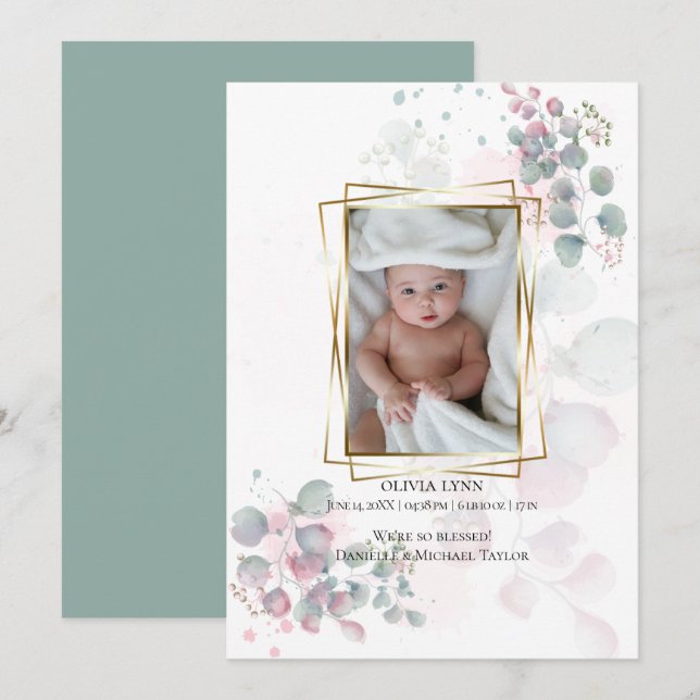 Your Baby Photo Modern Watercolor Eucalyptus Invitation (Front/Back)