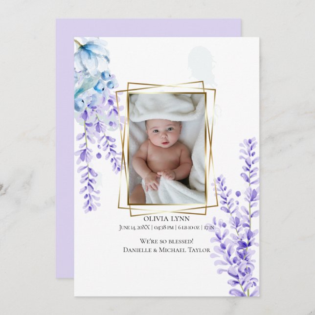Your Baby Photo Watercolor Lavender - Dusty Blue Invitation (Front/Back)