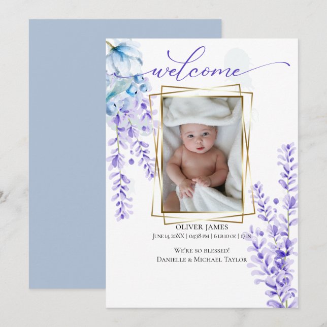 Your Baby Photo Watercolor Lavender - Dusty Blue Invitation (Front/Back)