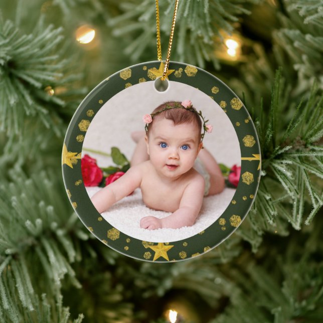 Your Baby's Photo CUSTOM Christmas Gold Green Luxe Ceramic Tree Decoration (Tree)