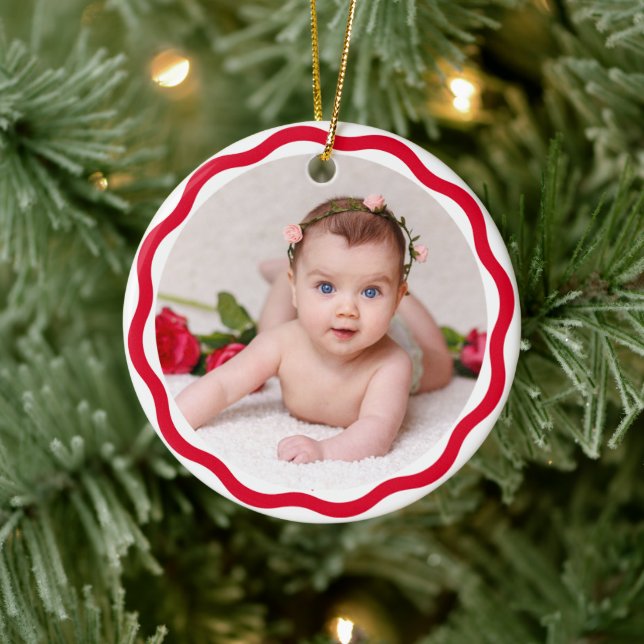 Your Baby's Photo CUSTOM Christmas Red Waves Ceramic Tree Decoration (Tree)