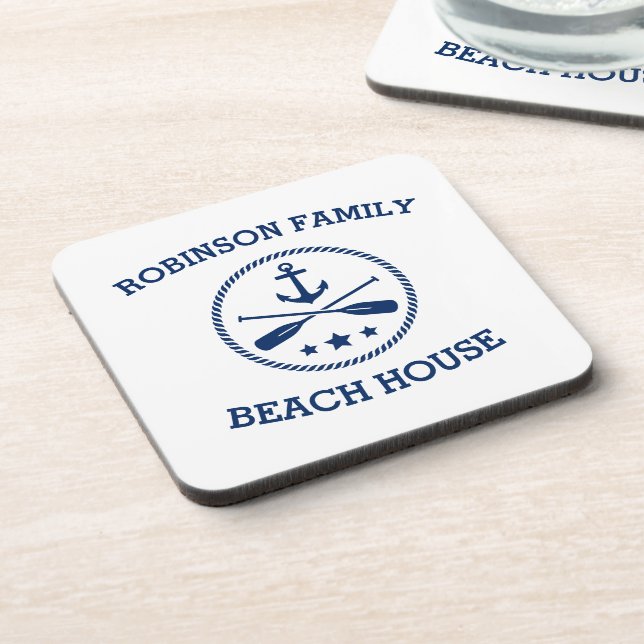 Your Beach House Family Name Anchor Oars Stars Coaster (Left Side)