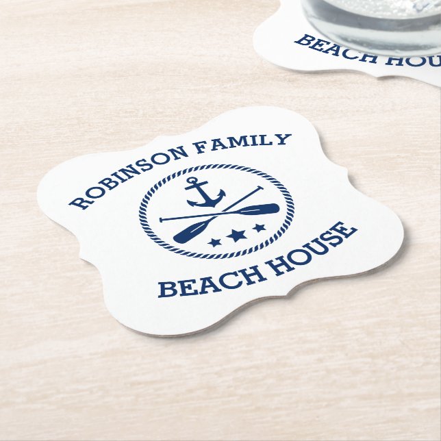 Your Beach House Family Name Anchor Oars Stars Paper Coaster (Angled)