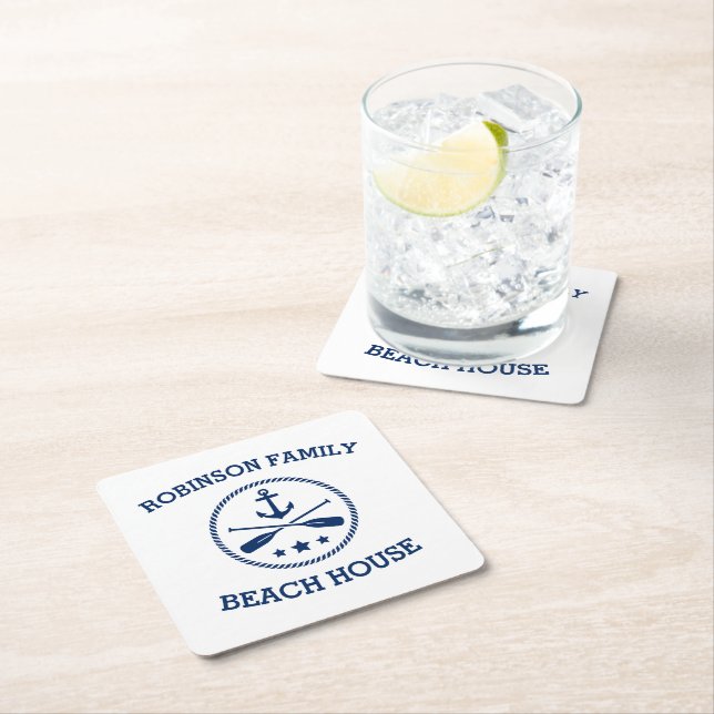 Your Beach House Family Name Anchor Oars Stars Square Paper Coaster (Insitu)