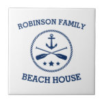Your Beach House Family Name Anchor Oars Stars Tile<br><div class="desc">Stylish ceramic tiles with your personalised family name or other text,  a custom nautical boat anchor with crossed oars and stars in navy blue on white or choose background colours to match your decor.</div>