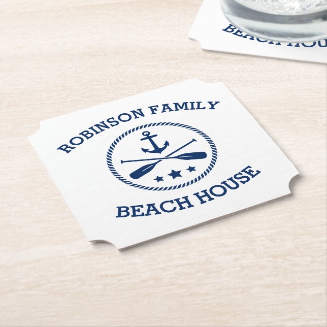 Your Beach House Family Name Anchor Stars Paddles Paper Coaster (Angled)