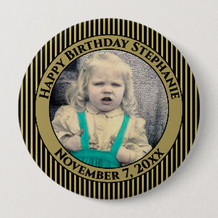 Your Birthday Photo Simple Stripes Black/Gold 10 Cm Round Badge