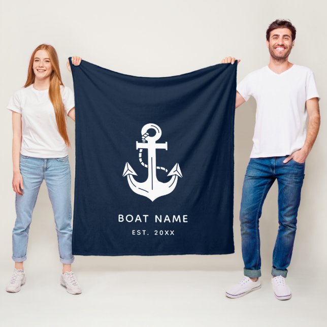 Your Boat Name Anchor Blue Fleece Blanket (In Situ)