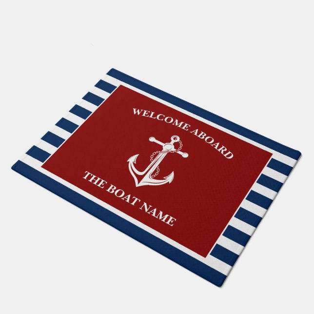 Your Boat Name Anchor Blue Red Welcome Aboard Doormat (Angled)