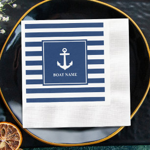 Your Boat Name Anchor Blue Stripes Cocktail Napkin