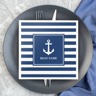 Your Boat Name Anchor Blue Stripes Napkin