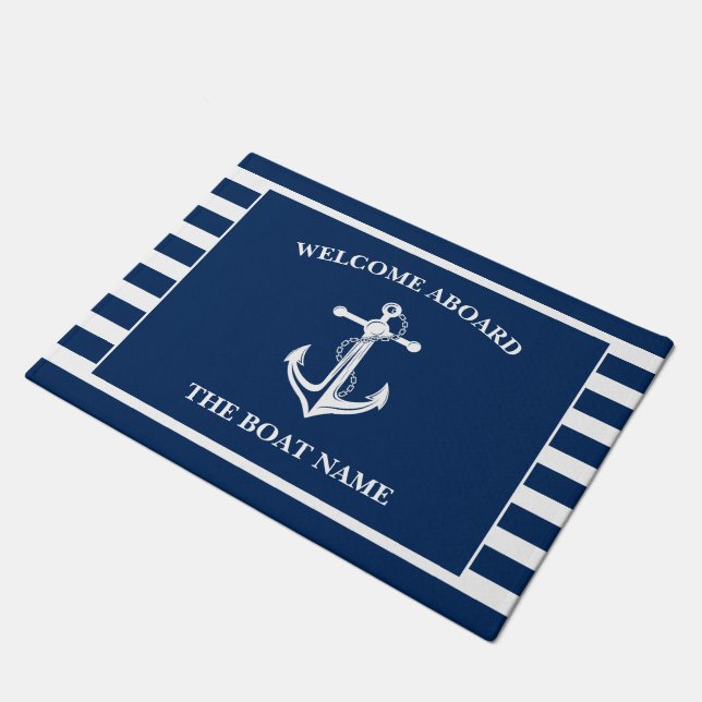 Your Boat Name Anchor Blue Welcome Aboard Doormat (Angled)