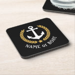 Your Boat Name Anchor Elegant Gold Laurel Black Coaster<br><div class="desc">An elegant set of nautical themed cork back beverage coasters with your personalised boat name,  family name or other desired text. Features a custom designed boat anchor with gold style laurel leaves and a star on black or easily customise the base colour to match your current decor or theme.</div>