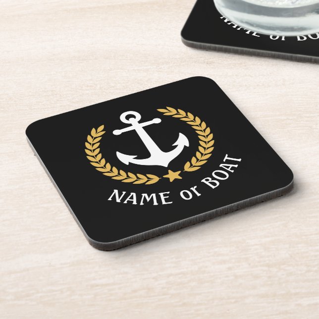 Your Boat Name Anchor Elegant Gold Laurel Black Coaster (Left Side)