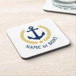 Your Boat Name Anchor Elegant Gold Laurel White Coaster<br><div class="desc">An elegant set of nautical themed cork back beverage coasters with your personalised boat name,  family name or other desired text. Features a custom designed boat anchor with gold style laurel leaves and a star on white or easily customise the base colour to match your current decor or theme.</div>