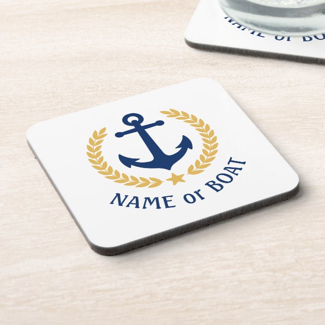 Your Boat Name Anchor Elegant Gold Laurel White Coaster (Left Side)
