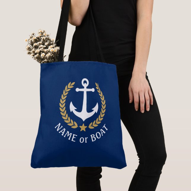 Your Boat Name Anchor Gold Laurel Large Navy Blue Tote Bag (Close Up)